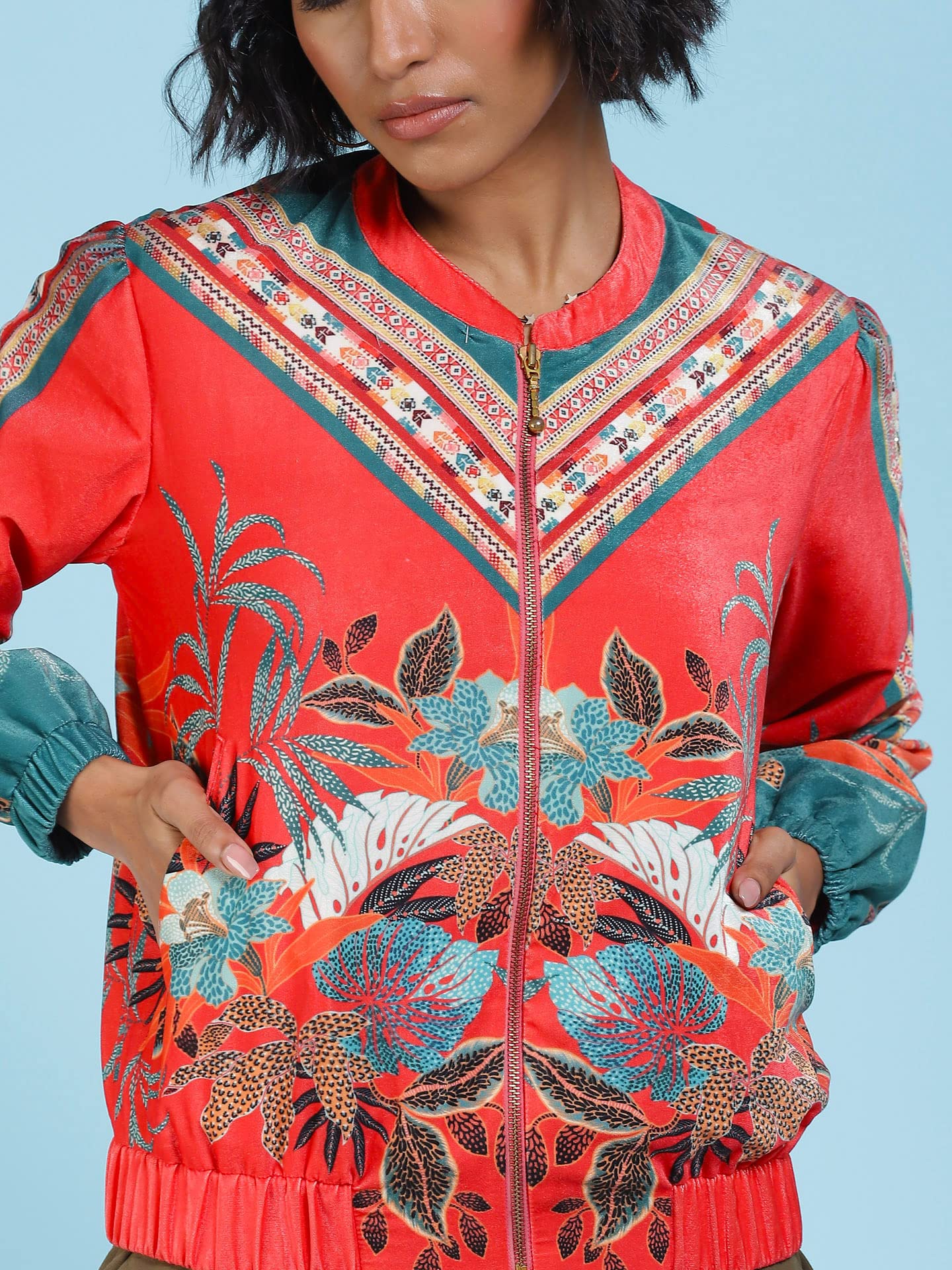 Label RITU KUMAR Women's Leaf Regular Jacket JKTVNS01N29270737-RED-M - SaumyasStore