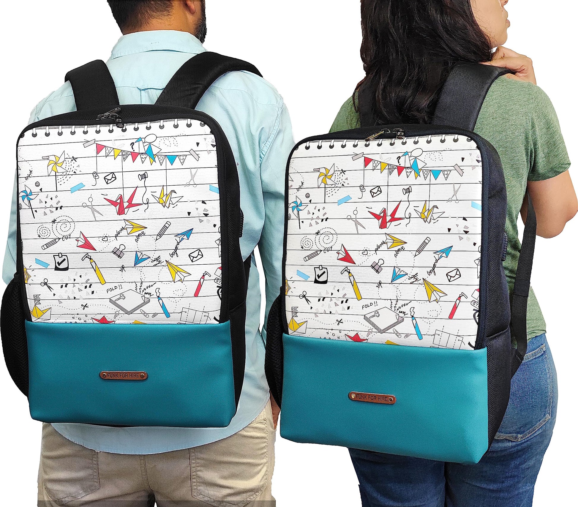 Funk For Hire Printed Leatherette 15.6" inch Laptop Backpack with USB Charging Port - White & Black - SaumyasStore