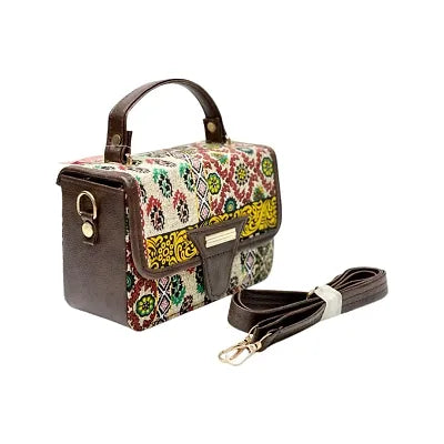 Women ikkat multicolored pu leather sling bag (Brown) - SaumyasStore